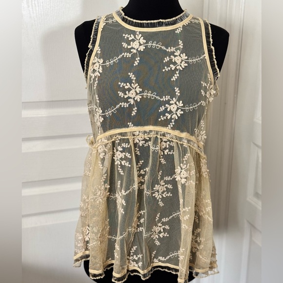 POL Tops - NWOT |  | POL | Floral Lace Sheer Top Ruffle Sleeveless Sheer - Size M